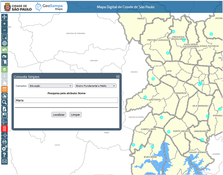 Tela GeoSampa-Intranet com a consulta de escolas de nome 'Maria' executada.